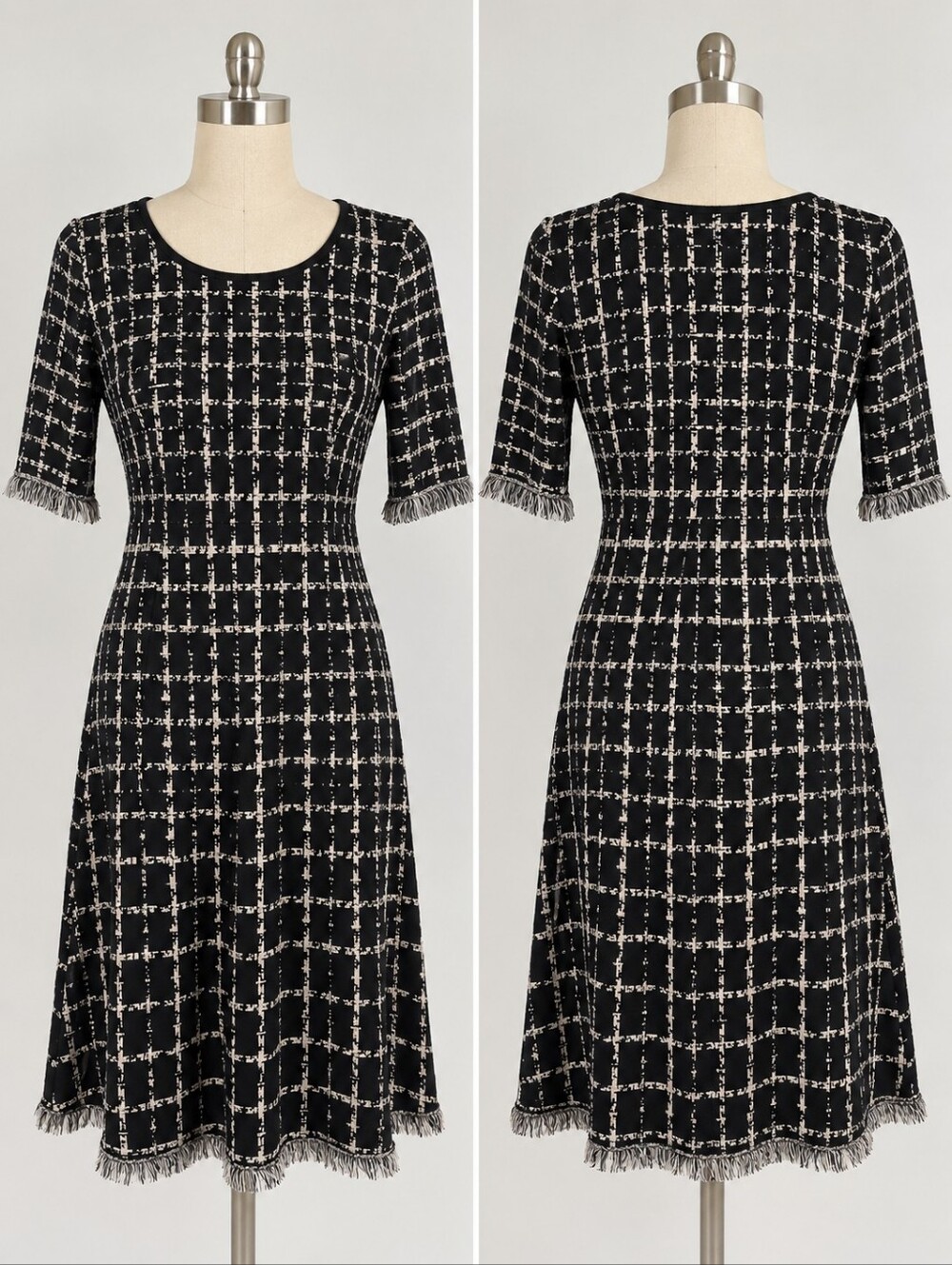 Just Taylor M Black White Fringe Tweed Knit Fit & Flare Dress Quiet Luxury